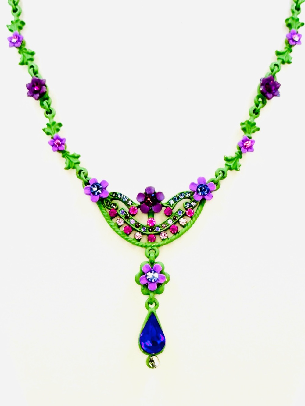 Vintage Inspired Green & Purple Enamel Floral Rhinestone Drop Pendant Necklace